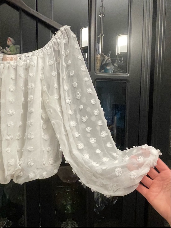 Francesca's Collections Tops - White Off-Shoulder Cropped Pom Pom Blouse